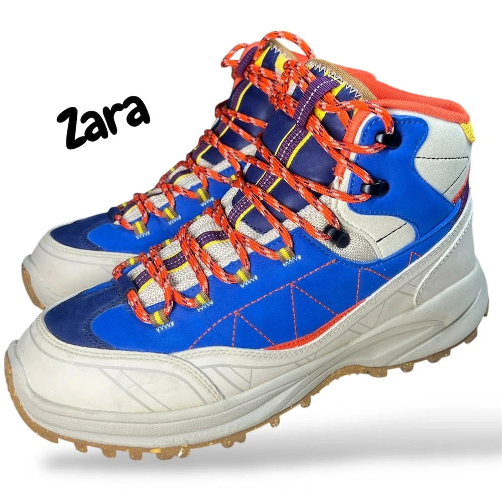 Zara Men's Hiking Boots High Top Lace Up Size 44 Blue Orange Yellow Chunky Sole
